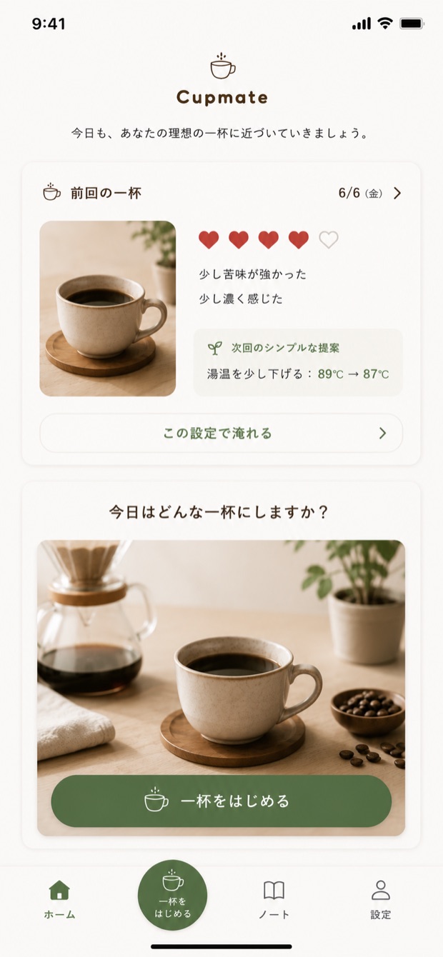 Cupmate のホーム画面